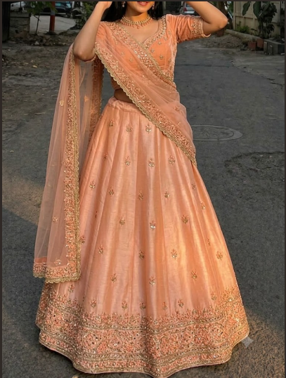 Peach Embroidered Ethnic Lehenga Set