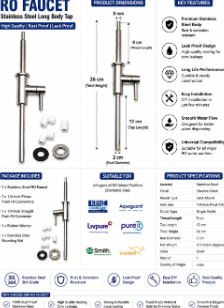 aj waterpurifier wala Stainless Steel Long Body RO Faucet Bib Tap, Pillar Tap, Push Cock, Pull-Out Faucet, Pull-Out Faucet/Tap, Spout, Sink Tap Faucet (Wall Mount Installation Type)